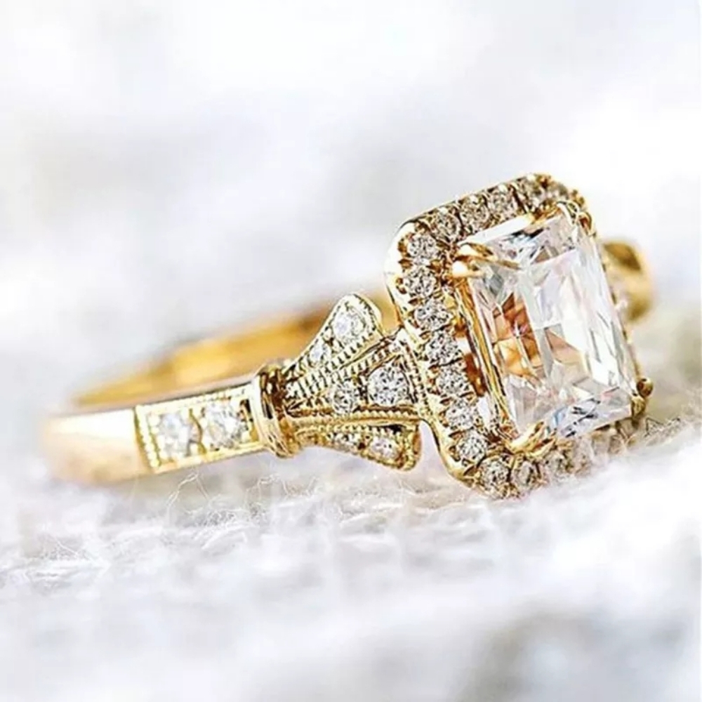 Gold Plated Shiny CZ Stone Engagement Ring - Picture 1 of 3